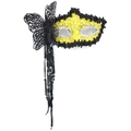 Yellow sequin masquerade mask with large black lace butterfly and hanging tassels - Side Butterfly Tassel Ribbon Style / Yellow
