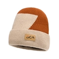 Berretto in maglia foderato in pile bicolore arancio e bianco con etichetta in pelle - Cachi