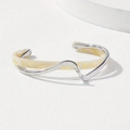 Silver open bangle featuring minimalist beige marble resin inlay and double-layered metal design - Silver with Creamy White Wave Style