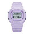 Detail of square purple LED digital watch screen with calendar and time display - Purple
