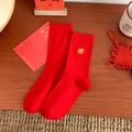 Red mid-calf socks made of combed cotton with golden dragon embroidery for Lunar New Year - One Size / Embroidery