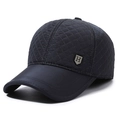 Quilted navy blue baseball cap for men featuring a metallic H logo and ear protection - H-Label Gray