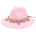 Detailed view of pink fedora hat with ethnic woven band, tassels and shell accents - Pink