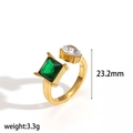 Gold stainless steel ring featuring green square zircon and white teardrop stone stones - Green Square and Teardrop Zirconia Style (TR4484)
