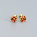 Pair of gold-finished 925 silver flower stud earrings with red enamel and ball backings - Gold (Red)