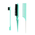 Teal 3pcs hair styling set with double-sided edge brush and pointed metal tail comb - Fine-tooth Green