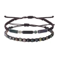 Detailed macro view of handmade braided stone bracelets with dark brown wax rope and beads - Two-Piece Set / India Agate
