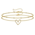 Double-layered gold heart bracelet set with fine beads and adjustable extender chain - Gold Hand-drawn Heart Double-layer Bracelet (0168)
