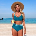 Two-piece peacock blue bikini set with cross V-neck top and high waisted bottoms - S / Teal Blue