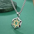 Silver steel chain with two-tone hexagonal Star of David pendant on green surface - Silver Gold Pendant with Silver Chain