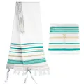White Jewish Tallit prayer shawl with turquoise and gold stripes and handmade Tzitzit - 52x180cm / White with Green Stripes