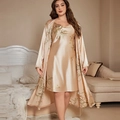 Elegant two-piece champagne floral satin sleepwear set with camisole dress and robe - 3XL / Champagne Cherry
