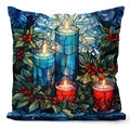 Funda de cojín navideña estilo vitral azul con velas y bayas de acebo impresas - Velas Vidriera
