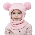 Detailed knit texture of pink baby balaclava with dual fluffy pom-poms and ear flaps - One Size / Pink