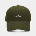 Close-up of olive green baseball cap featuring white mountain range embroidery detail - Adjustable / Army Green