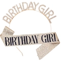Detail view of gold rhinestone headband and champagne glitter Birthday Girl sash set - Birthday Girl / Girl Gold Set