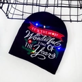 Black Christmas knit beanie with colorful LED lights and holiday message embroidery - Black Letter THE