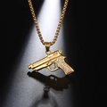 Golden pistol pendant necklace with white rhinestones on a minimalist pearl chain - Gold Pistol Rhinestone with Pearl Chain