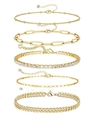 Set of 5 gold layered bracelets featuring paperclip, tennis, and Cuban link chains - Gold Set - Tennis/Sequin Chain Mix