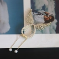 Elegant gold wing hair claw clip with faux pearls and rhinestones with dangling chain - F0405 Gold Pearl Wing