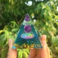 Orgone resin pyramid with purple crystal ball, blue gold flakes and Om symbol - Style 5