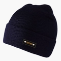 Detailed close-up of dark blue ribbed knit beanie with a leather SPORT patch and rivets - Navy Blue
