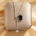 Silver titanium necklace with black rectangular gemstone and mixed chain links - Silver Adjustable Geometry