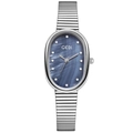Elegant oval silver watch for women with blue mother of pearl dial and crystal markers - Silver Band Blue Dial