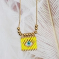Bohemian evil eye bead square pendant necklace with gold beads on a delicate snake chain - Yellow