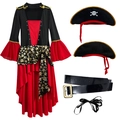 Panoplie de pirate grande taille pour femme avec robe rouge et noir et chapeau - 3XL