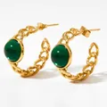 Vintage gold chain C-shaped hoop earrings featuring oval green gemstones for women - 14K Gold Plated Green