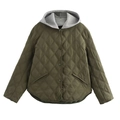 Giacca trapuntata da donna verde militare con cappuccio grigio e bottoni frontali - S / Verde Militare