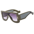 Futuristic olive green oversized sunglasses with purple gradient lenses in a 45-degree view - Green Frame Purple Gradient Lens