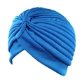 Bright blue pleated turban hat for women made of soft elastic fabric in ethnic style - One Size / Lake Blue
