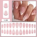 Macro detail of nude almond press-on nails with white leaf art and golden glitter lines - Nude Pink Leaves Gold Line Decoration (Y-299)