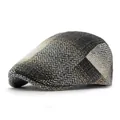 Vintage herringbone wool flat cap with classic British patchwork pattern in neutral tones - Adjustable / Black