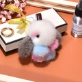 Cute mink fur bunny keychain in white, grey, pink, and blue patchwork style - 8cm / Colorful