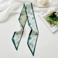 Green silk twilly scarf with white floral patterns and summer script for hair and bags - Flowery Splendor Dark Green