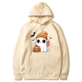 Beige Halloween hoodie with ghost, pumpkin and bat print on white background - Khaki