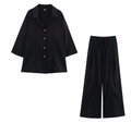Dames tweedelige casual zwarte linnen set met overhemd en wijde broek met trekkoord - XS / Top En Broek / Zwart