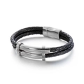 Men's double-layered braided black leather bracelet with polished stainless steel magnetic clasp - 21cm / Steel