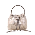 Elegant beige bucket bag with sparkling sequins, silver chain and metal handle - White