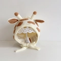 Knitted beige baby winter hat with giraffe ears and chin straps for infants - White Sika Deer - Lined