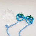 Blue strawberry shaped children's glasses frame with a matching plastic chain and smiley charm - Blue Frame + Blue Chain
