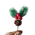 Plettro di pino natalizio con bacche rosse e pigna naturale per decorazioni DIY - Pino a due foglie con pigna singola
