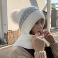 Beige and light grey knitted winter hat with integrated scarf and white pompom detail - Pattern Style / White
