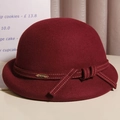 Detail of dark burgundy wool cloche hat with white contrast stitching and bow - M(56-58CM) Adjustable / Burgundy