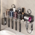 Gunmetal wall-mounted bathroom organizer with toothbrush holder and four cups - 4-Person · Colored Cup + Dispenser