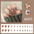 Short cow print press-on nails set with bow and check patterns in earth tones - Sweet Cool Bow Cow Print Style (A3275)