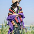 Colorful wave striped bohemian poncho shawl with purple ruffle and fringe details - Purple